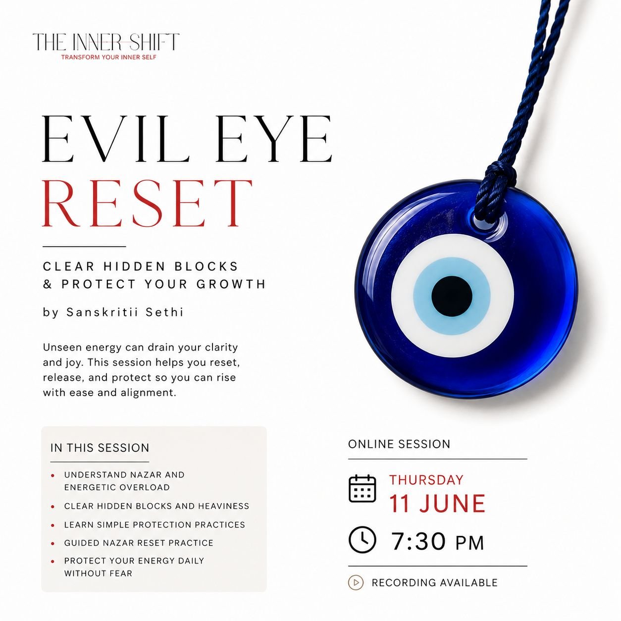 Evil Eye Reset with Sanskritii Sethi (11th June, 7:30 pm)