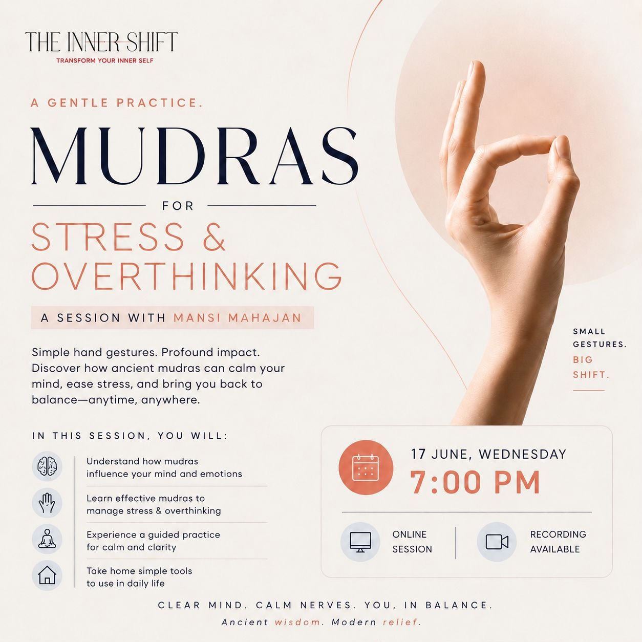 Mudras for overthinking and stress with Mansi Mahajan <br>(17th June,7:00 pm)